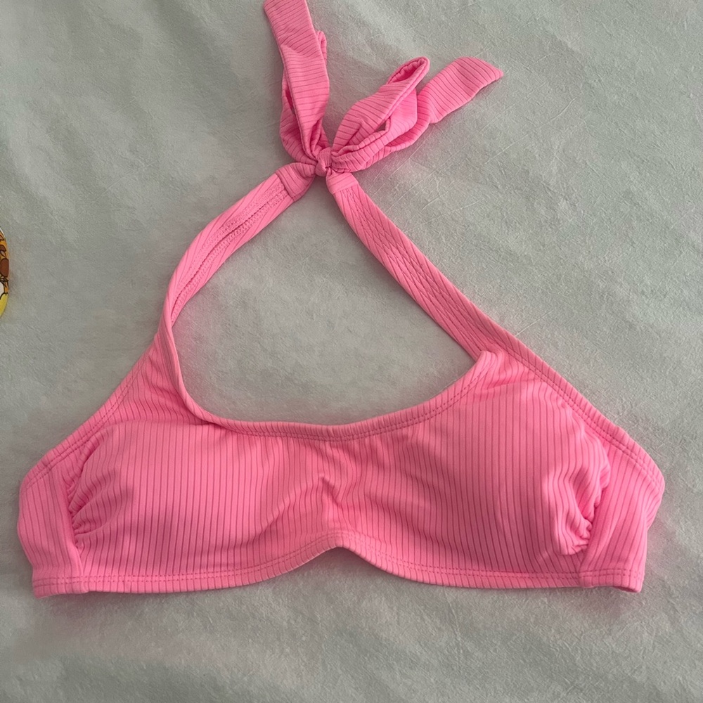 Bubblegum Pink Ribbed Halter Bikini Top
